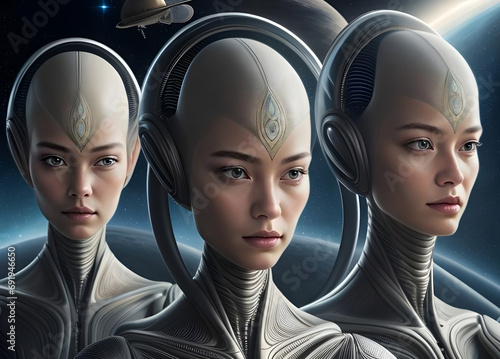 Atmospheric portrait of a group of alien beings from another planet with space background.  Generative AI