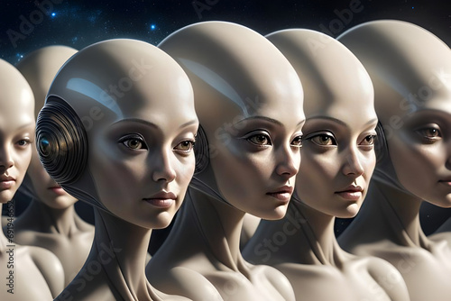 Atmospheric portrait of a group of alien beings from another planet with space background.  Generative AI