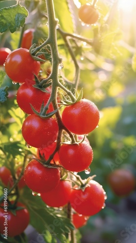 bright red bunches of cherry tomatoes kissed by the morning dew,