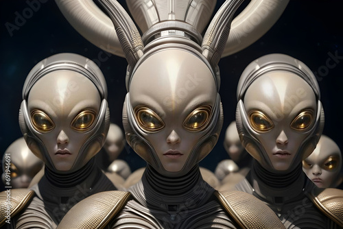Atmospheric portrait of a group of alien beings from another planet with space background.  Generative AI