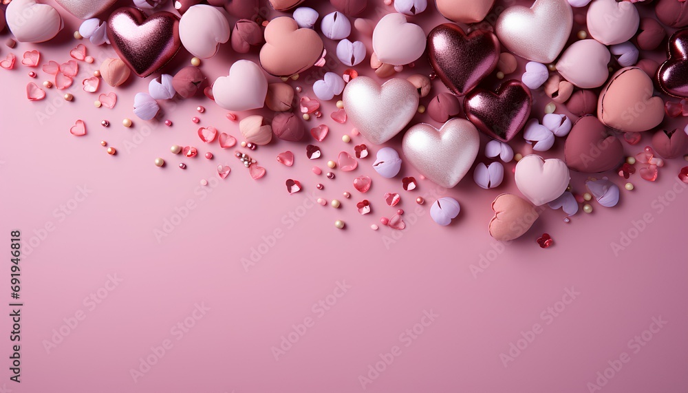 Hearts on pink background flat lay Valentine's Day. Valentine's Day top view flat lay background full of pink hearts. Love background. Love Hearts on pink background flat lay Valentine's Day. Valentine's Day top view flat lay background full of pink hearts. Love background. Love