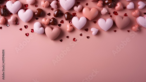 Hearts on pink background flat lay Valentine's Day. Valentine's Day top view flat lay background full of pink hearts. Love background. Love