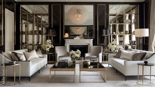 A chic and glamorous living room with mirrored furniture, velvet chairs, and gold accents