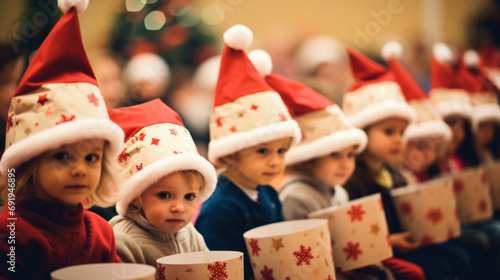 Happy kids in Santa hats in kindergarten photo