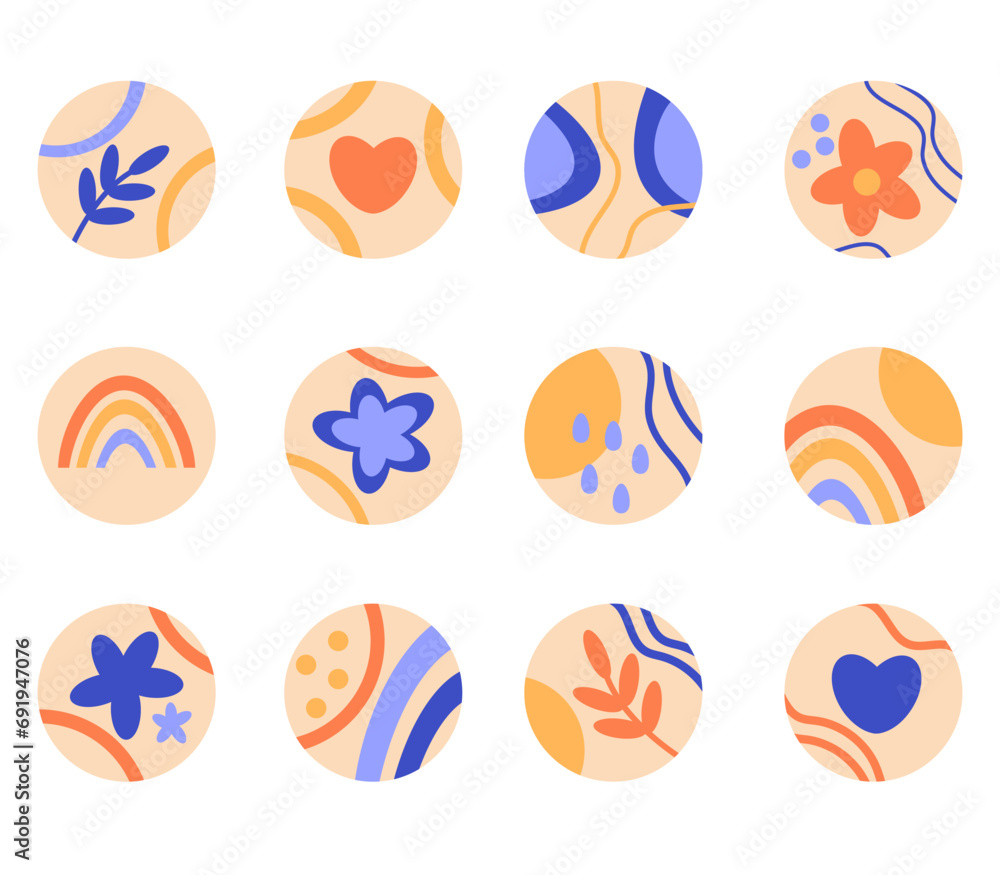 Vector collection of creative abstract instagram highlights icon blue and peach fuzz color. round icons, buttons, abstract icons, highlight cover, rainbow, heart, flower, leaves, instagram elements