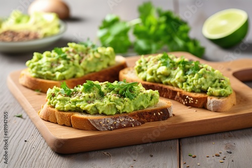 Toasts bread with guacamole on wooden board