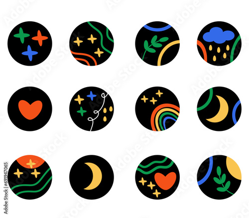 Vector collection of black abstract instagram highlights icon rainbow heart moon leaf. round icons, buttons, abstract icons, highlight cover, rainbow, heart, moon, leaves, stars, instagram elements