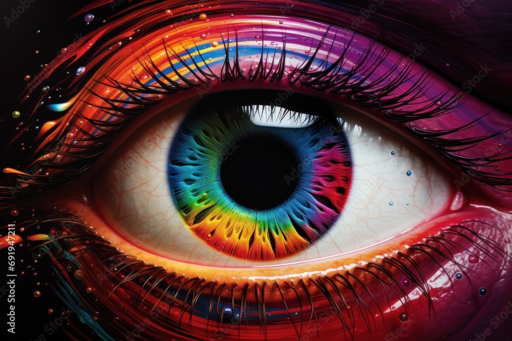  a close up of a person's eye with a multicolored eyeball in the center of the eye.