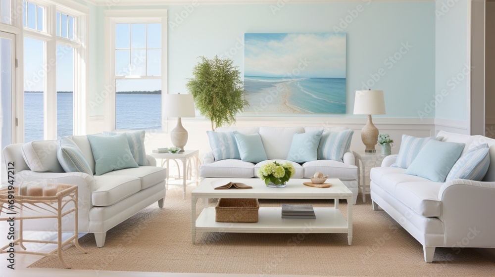 A coastal-inspired living room with light blue walls, white furniture, and beachy decor