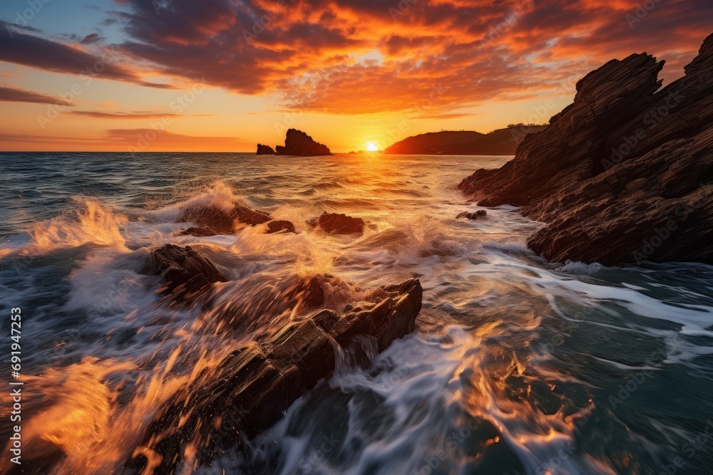 a sunset over a body of water with rocks in the foreground and a rock outcropping in the background. a sunset over a body of water with rocks in the foreground and a rock outcropping in the background.
