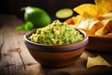 Guacamole and corn chips in bowl on wooden background