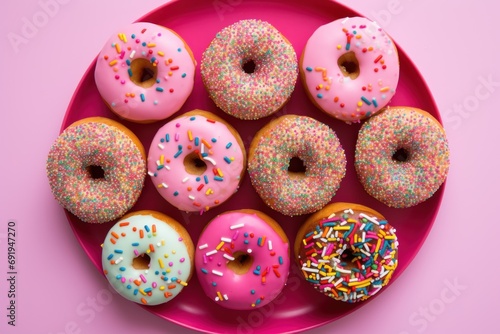  a pink plate topped with lots of donuts covered in frosting and sprinkles on top of a pink table.