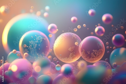  a bunch of bubbles floating in a blue, pink, yellow and green liquid filled with bubbles on a blue and pink background. © Shanti