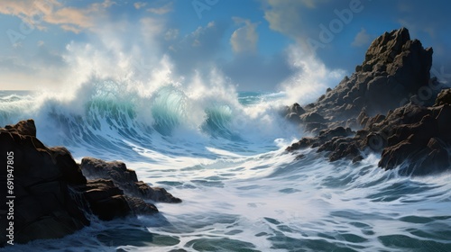 illustration of a stormy ocean with waves breaking on rocks