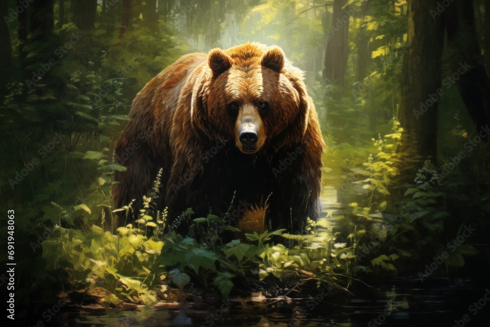 a large brown bear standing in a forest next to a body of water in front of a lush green forest. a large brown bear standing in a forest next to a body of water in front of a lush green forest.