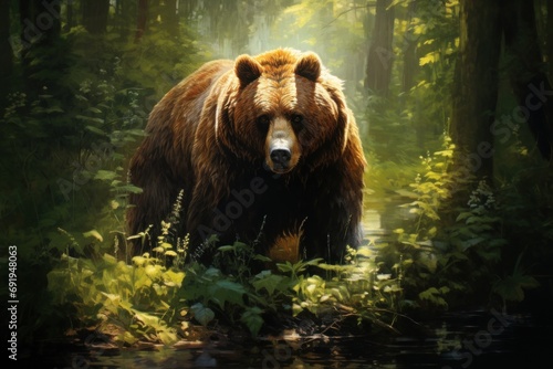  a large brown bear standing in a forest next to a body of water in front of a lush green forest.