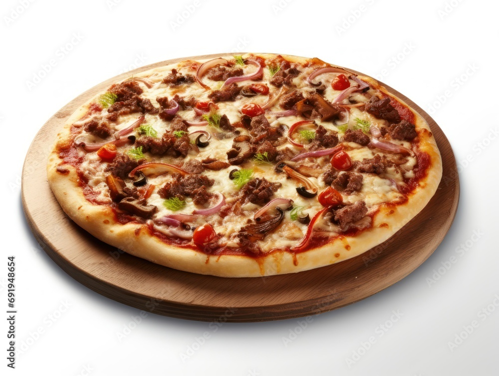 Pizza realistic with meat, pepper and tomato on a white background.