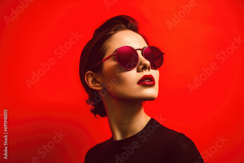 Model with glasses in red background