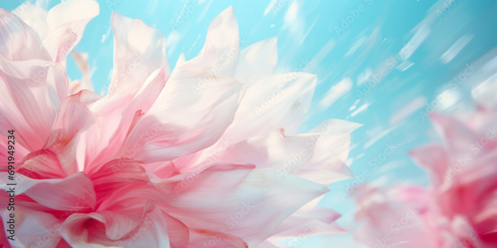 Abstract art background banner. Pastel peach fuzz and rose pink petals isolated on a blue background. Luxury minimal style wallpaper with pink rose or peony flower, botanical leaves, organic shapes.