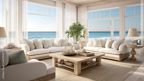 A contemporary coastal living room with a white color palette, beachy decor, and panoramic windows © PZ SERVICES