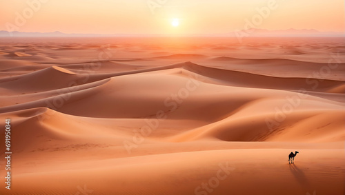 a minimalistic desert sunrise  vast dunes kissed by the first light  a solitary camel silhouette on the horizon  warm hues of orange and pink blending seamlessly  