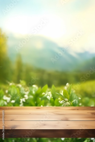 Springtime Blossoms with Majestic Mountain View, a Wooden Table for display products, design template, space to copy