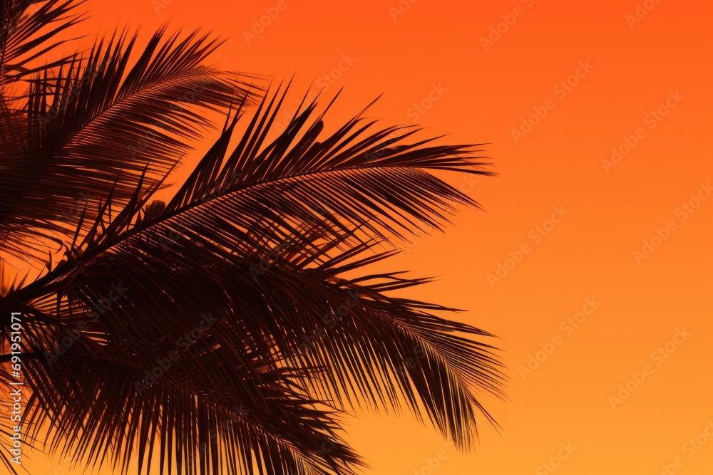  a silhouette of a palm tree against an orange and yellow sky with a plane flying in the sky in the distance.