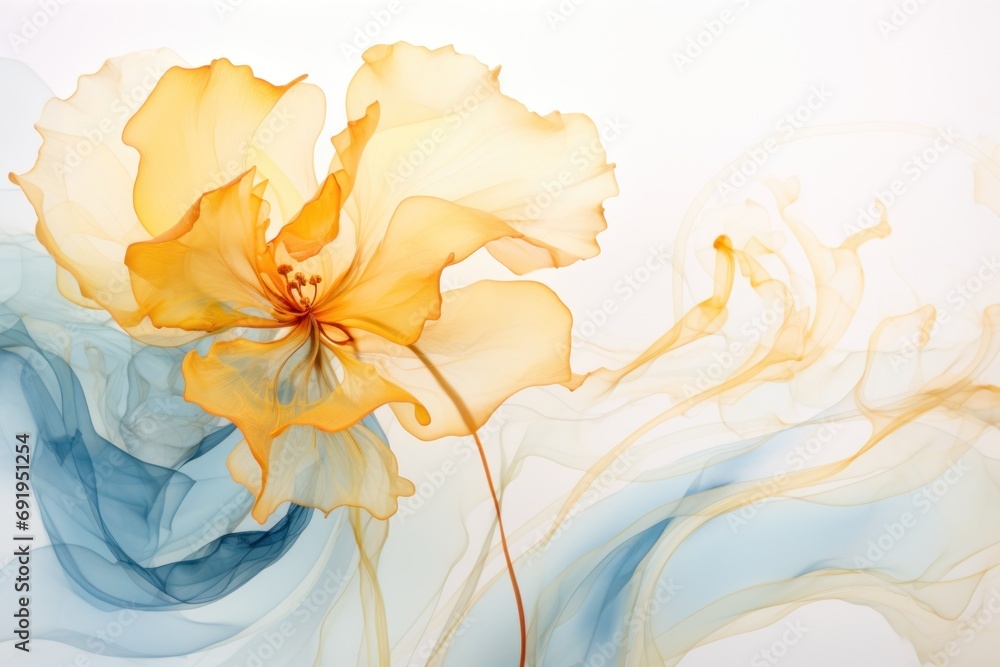 a close up of a yellow flower on a white background with a blue and yellow swirl in the foreground. a close up of a yellow flower on a white background with a blue and yellow swirl in the foreground.