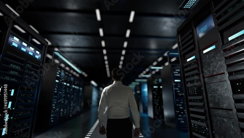 energy management. IT Administrator Activating Modern Data Center Server with Hologram. photo