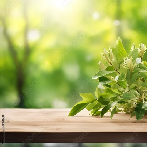 Spring Ambience with New Foliage over a Wooden Surface  design template  space to copy  product display backdrop  background  environmental awareness