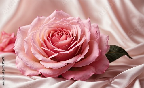 Close-up of a pink rose on a beige silk flowing fabric background.