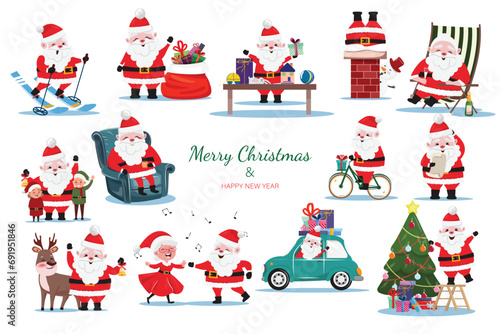 Santa Claus collection in flat cartoon style. Santa Claus in different situations and scenes.