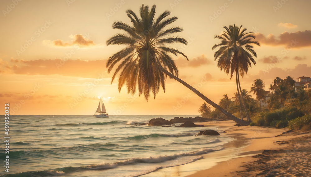 A coastal paradise during sunset, golden hour casting warm hues on serene waves, a solitary palm tree leaning towards the shore, distant sailboats peacefully navigating