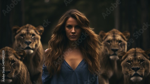 Lioness, Beautiful feral young woman standing between lions being the odd one out from the group