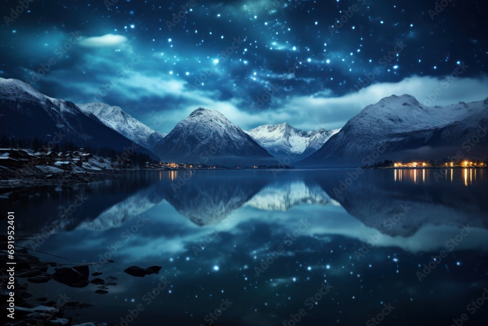  a body of water surrounded by mountains under a night sky with stars and the moon shining on the top of the mountains.