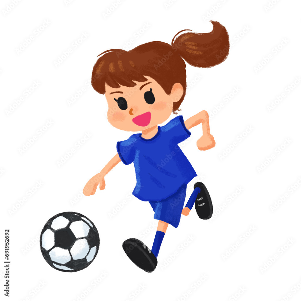 A girl in blue jersey playing soccer