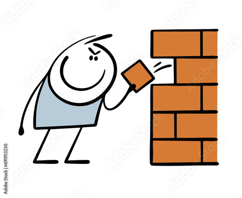 Harmful stickman pulls bricks out of the building wall. Vector illustration of a cunning man causing problems for competitors. Break down the house.