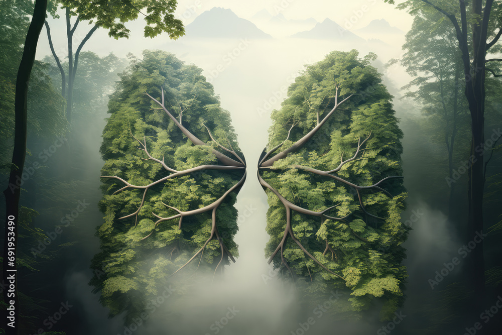lungs with trees and green grass for air pollution - obrazy, fototapety, plakaty 
