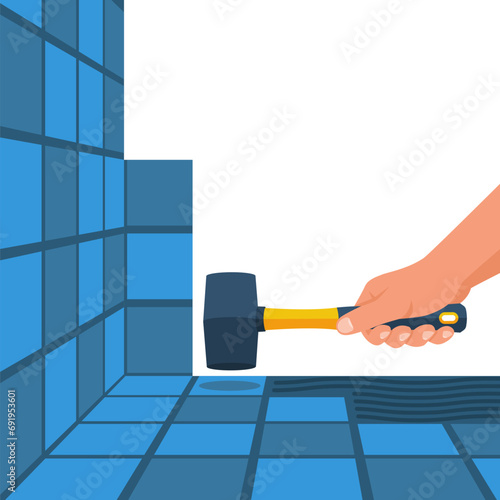 A tile master holds a rubber hammer in his hands. Laying tiles with cement adhesive. Decorative home improvement work. Home repairs. Professional work putting ceramic material. Vector illustration.