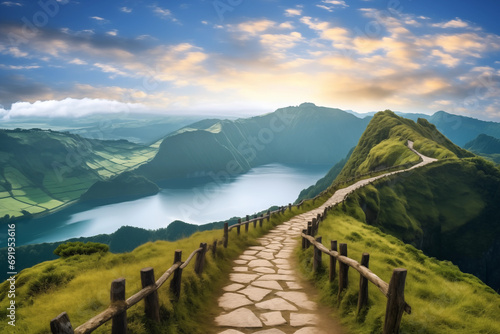 Mountain landscape with hiking trail and view of beautiful lakes Ponta Delgada, Sao Miguel Island, Azores, Portugal. photo
