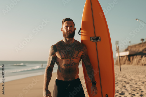 Handsome male surfer with tattoo, brunette hair and shirtless standing on the beach surfboard for the summer activity. Water sport activity. Healthy active lifestyle. Surfing. Extreme Sport. 