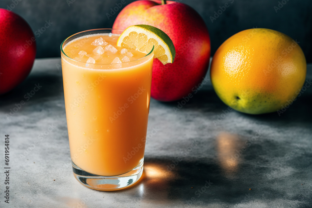 Glass of fresh mango juice on wooden table, closeup. Healthy food concept. Generative AI Glass of fresh mango juice on wooden table, closeup. Healthy food concept. Generative AI
