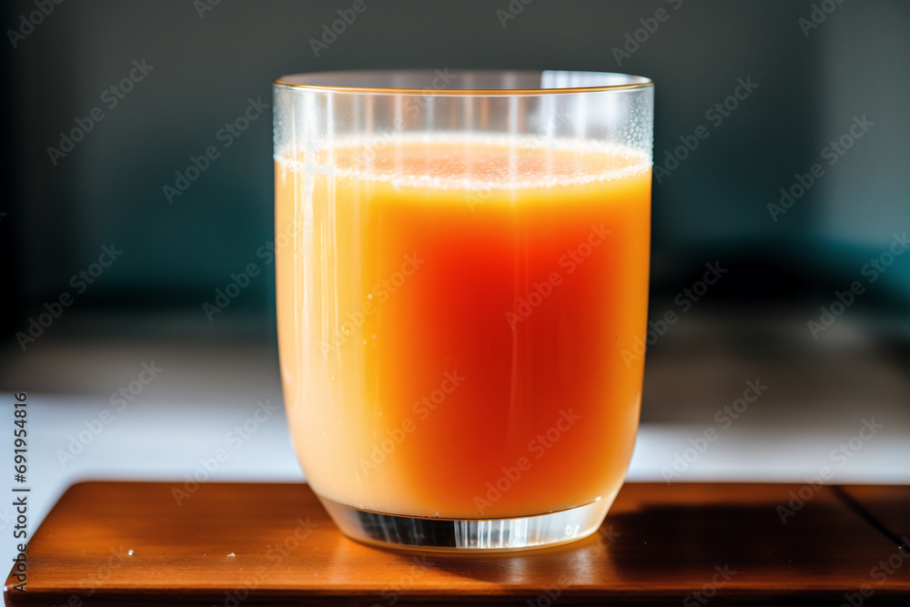Glass of fresh mango juice on wooden table, closeup. Healthy food concept. Generative AI Glass of fresh mango juice on wooden table, closeup. Healthy food concept. Generative AI