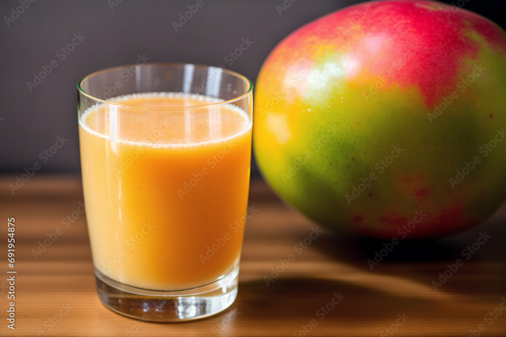 Glass of fresh mango juice on wooden table, closeup. Healthy food concept. Generative AI Glass of fresh mango juice on wooden table, closeup. Healthy food concept. Generative AI