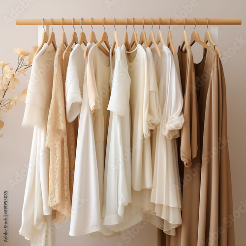 A rack with stylish clothes cream colors next to a wall in the boutique room. Clothing fashion concept. Advertise, sale, fashion.