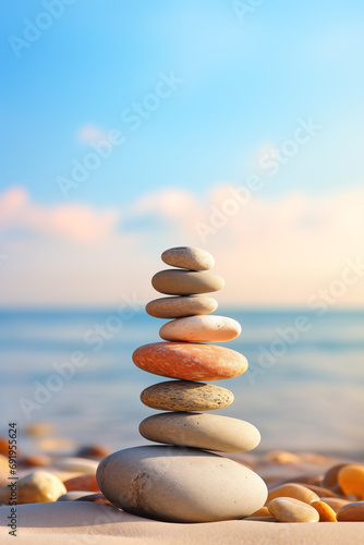 Pile of zen stones on blurred background of beach. Meditative lifestyle concept. Symbolic inner balance, equilibrium with stress relief. Mental rest and connection with nature. Poster with copy space