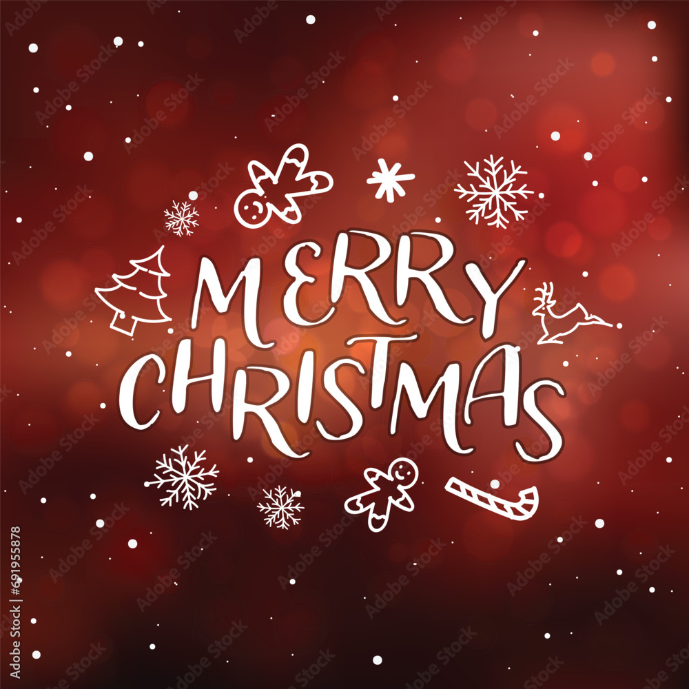 Merry Christmas hand-drawn vector inscription with falling snow and symbols of a Christmas tree, holiday cookies, reindeer, and sweets. Festive background Merry Christmas hand-drawn vector inscription with falling snow and symbols of a Christmas tree, holiday cookies, reindeer, and sweets. Festive background