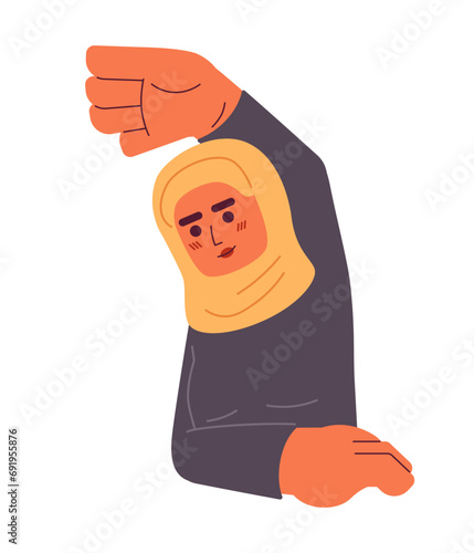 Hijab young adult woman stretching arm exercise 2D cartoon character. Workout fitness muslim female isolated vector person white background. Girl training athlete color flat spot illustration