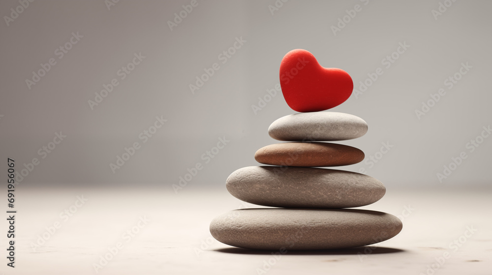 stack of red heart-shaped stones on a gray pebble beach. A zen and romantic concept for valentine’s day, spa, and meditation. A horizontal image with copy space and a calm sea in the background stack of red heart-shaped stones on a gray pebble beach. A zen and romantic concept for valentine’s day, spa, and meditation. A horizontal image with copy space and a calm sea in the background