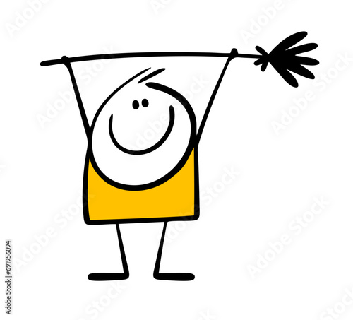 Satisfied and happy stickman cleaner held the broom high after cleaning. Vector illustration of man who has done his job. Cleanliness and order in house and on the street. Isolated on white.